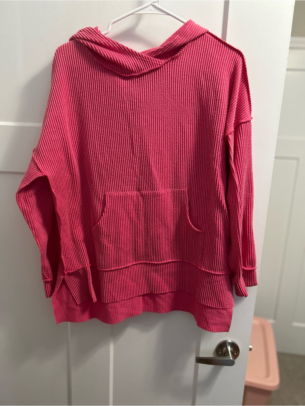Bright Pink Waffle Knit Hoodie.  Size Medium